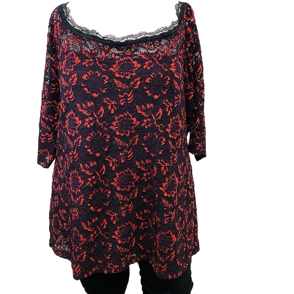 Venus Red Black Floral Lace Crochet Top Woman 3X Lined Off Shoulder‎ Feminine
